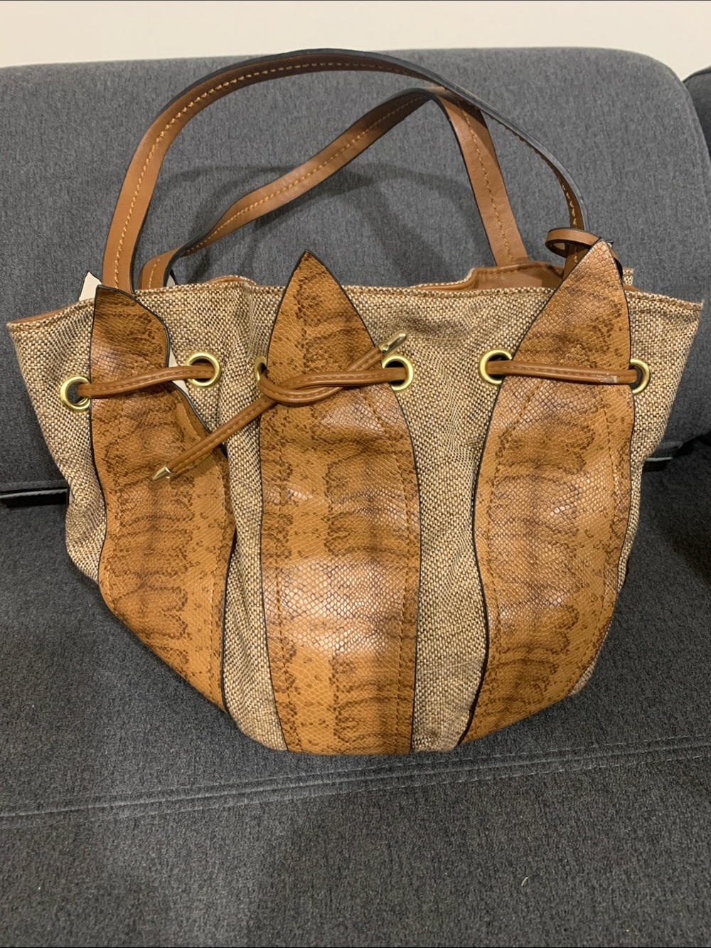 Linen & Tan Textured Tote Bag with Snake-Print Accents